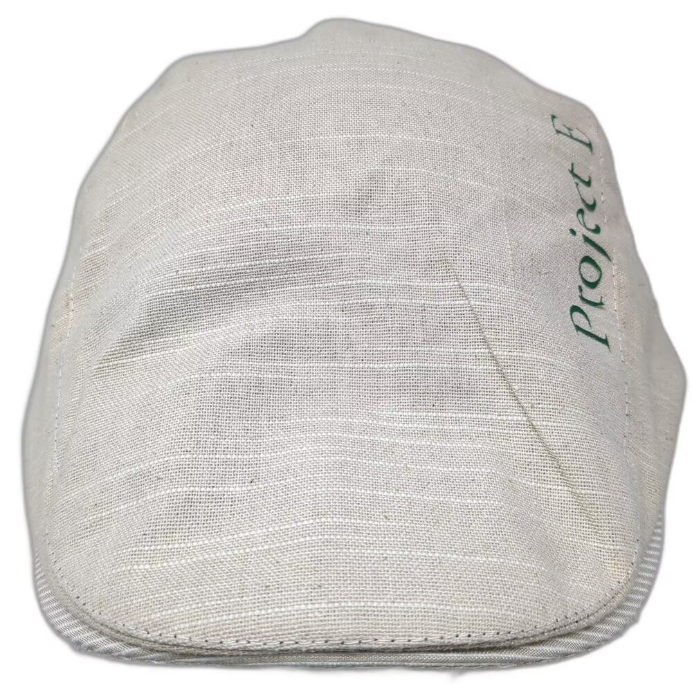 Project E Newsboy Cap Beige Slideback Hat OS Stripe Underbrim Textured Logo